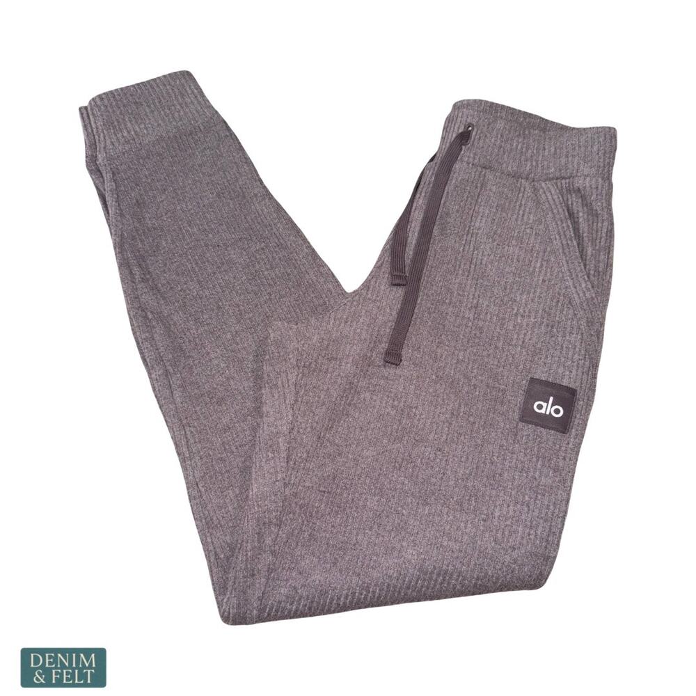 Alo Yoga Muse Ribbed Knit Sweatpants Raisinette Heather Lounge Cozy Minimal Luxe - Picture 6 of 11